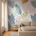 papier peint feuillage tropical palmiers feuilles exotiques lineaires tons rose -6