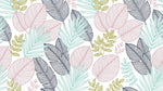 Papier peint panoramique feuillage tropical - Palmiers feuilles exotiques linéaires tons rose pastel vert olive et noir fond blanc sur mesure - Design