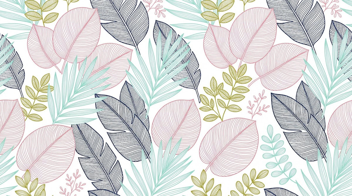 Papier peint panoramique feuillage tropical - Palmiers feuilles exotiques linéaires tons rose pastel vert olive et noir fond blanc sur mesure - Design