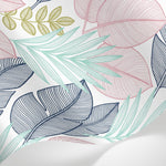 Papier peint panoramique feuillage tropical - Palmiers feuilles exotiques linéaires tons rose pastel vert olive et noir fond blanc sur mesure - Matière