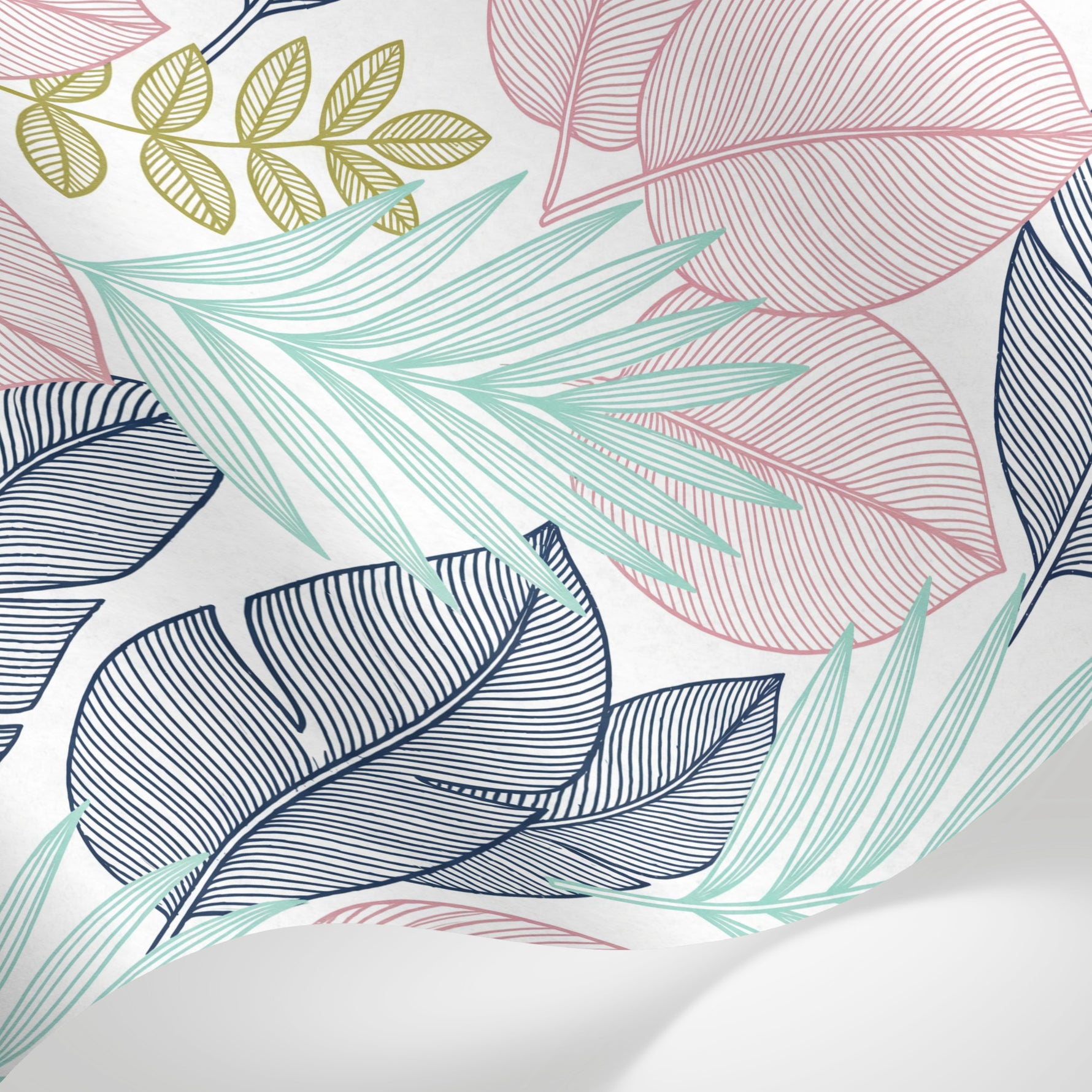 Papier peint panoramique feuillage tropical - Palmiers feuilles exotiques linéaires tons rose pastel vert olive et noir fond blanc sur mesure - Matière