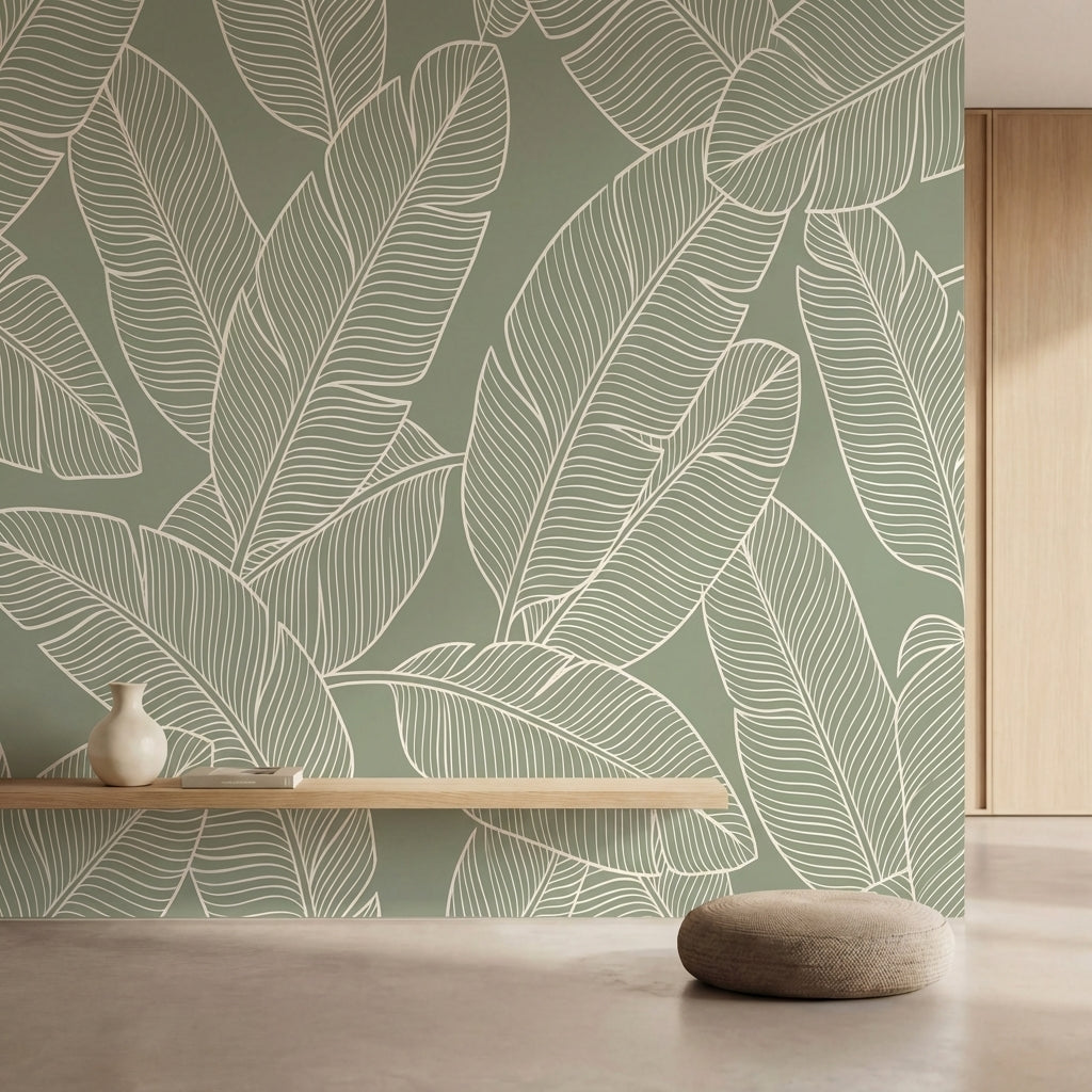 papier peint feuille bananier feuillage tropical ligne contours blancs fond vert-1