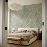papier peint feuille bananier feuillage tropical ligne contours blancs fond vert-6