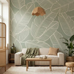 papier peint feuille bananier feuillage tropical ligne contours blancs fond vert-7