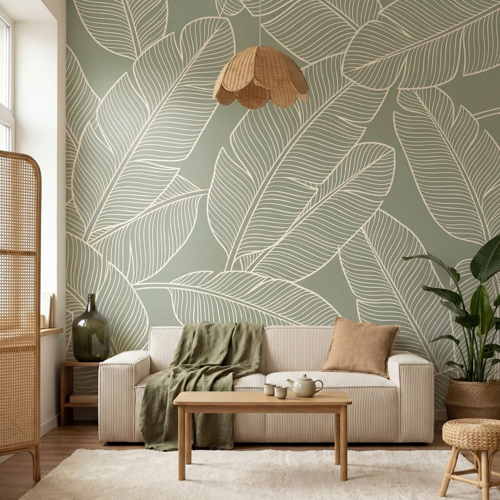 papier peint feuille bananier feuillage tropical ligne contours blancs fond vert-7