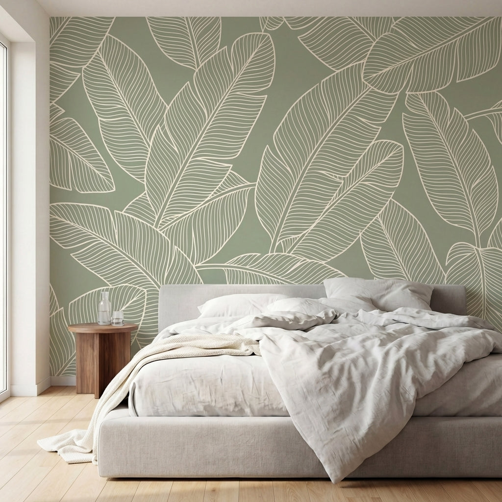 papier peint feuille bananier feuillage tropical ligne contours blancs fond vert-HERO-8