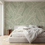 papier peint feuille bananier feuillage tropical ligne contours blancs fond vert-HERO-8