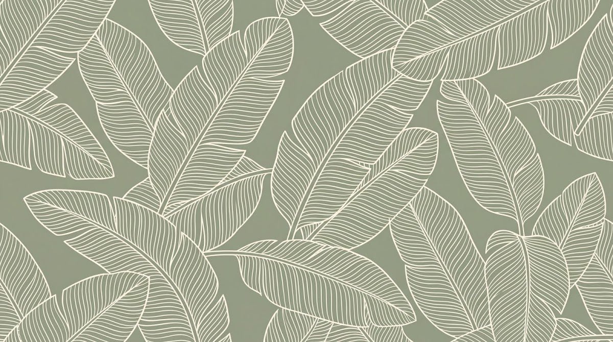Papier peint panoramique feuille bananier - Feuillage tropical ligné contours blancs fond vert sauge sur mesure - Design