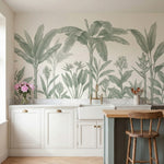 papier peint feuille bananier fronds tropicales dessinees tons vert sauge sur fo-4