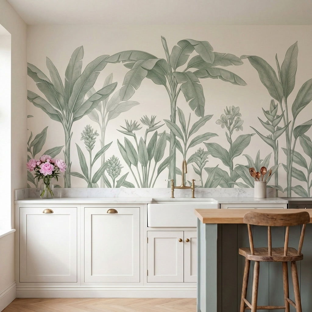 papier peint feuille bananier fronds tropicales dessinees tons vert sauge sur fo-4