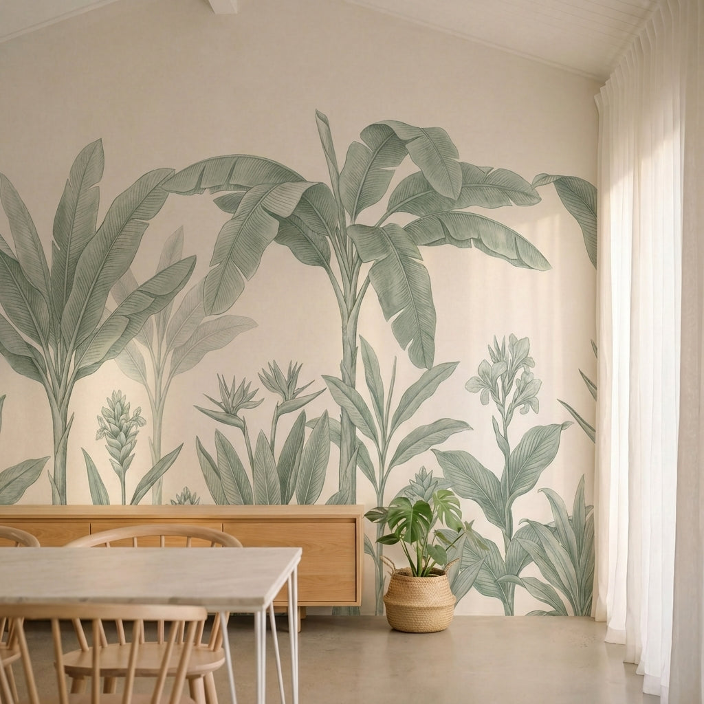 papier peint feuille bananier fronds tropicales dessinees tons vert sauge sur fo-5