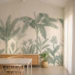 papier peint feuille bananier fronds tropicales dessinees tons vert sauge sur fo-5