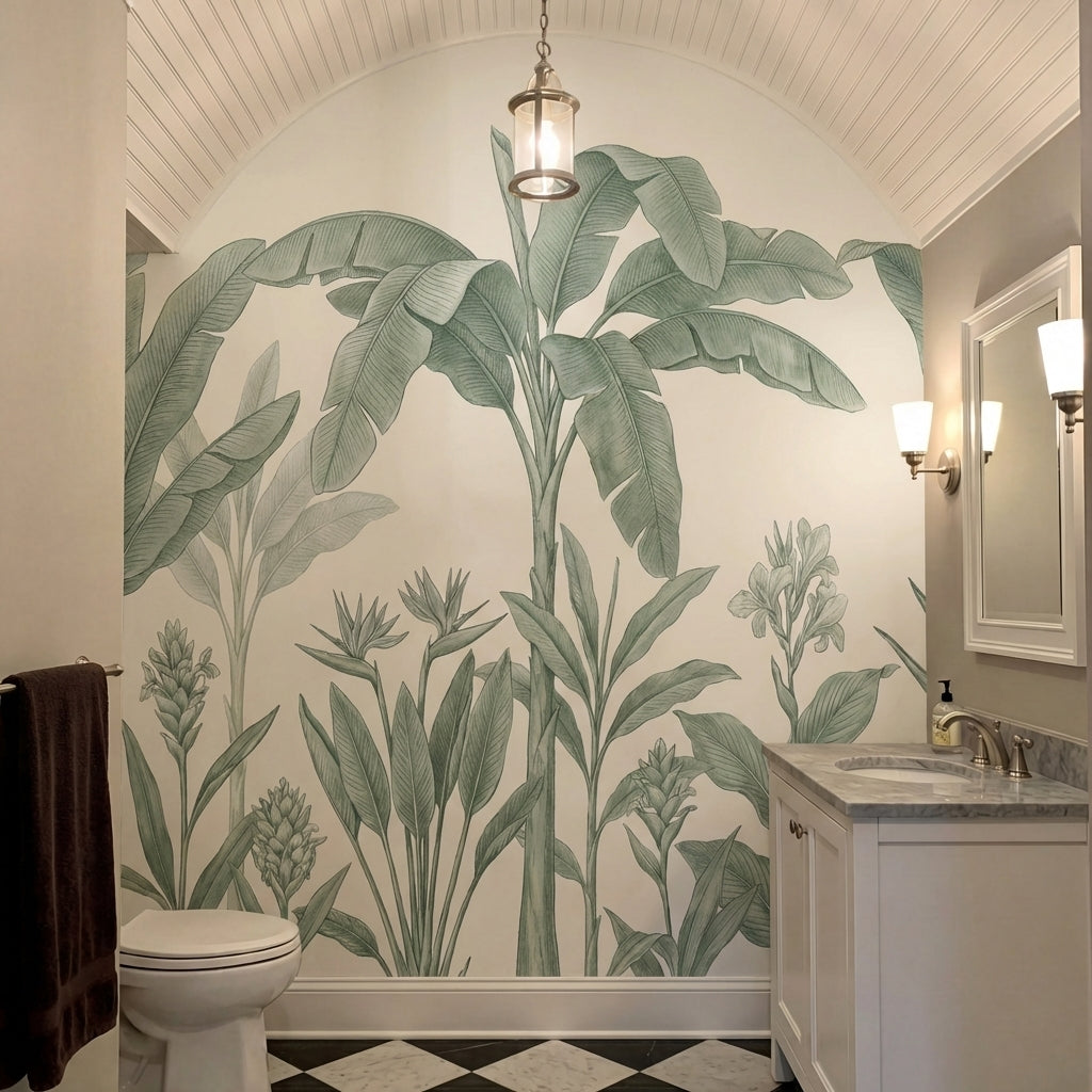 papier peint feuille bananier fronds tropicales dessinees tons vert sauge sur fo-6