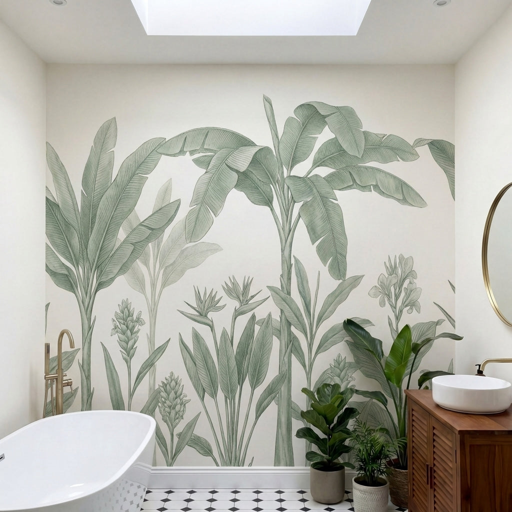 papier peint feuille bananier fronds tropicales dessinees tons vert sauge sur fo-8