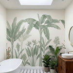 papier peint feuille bananier fronds tropicales dessinees tons vert sauge sur fo-8