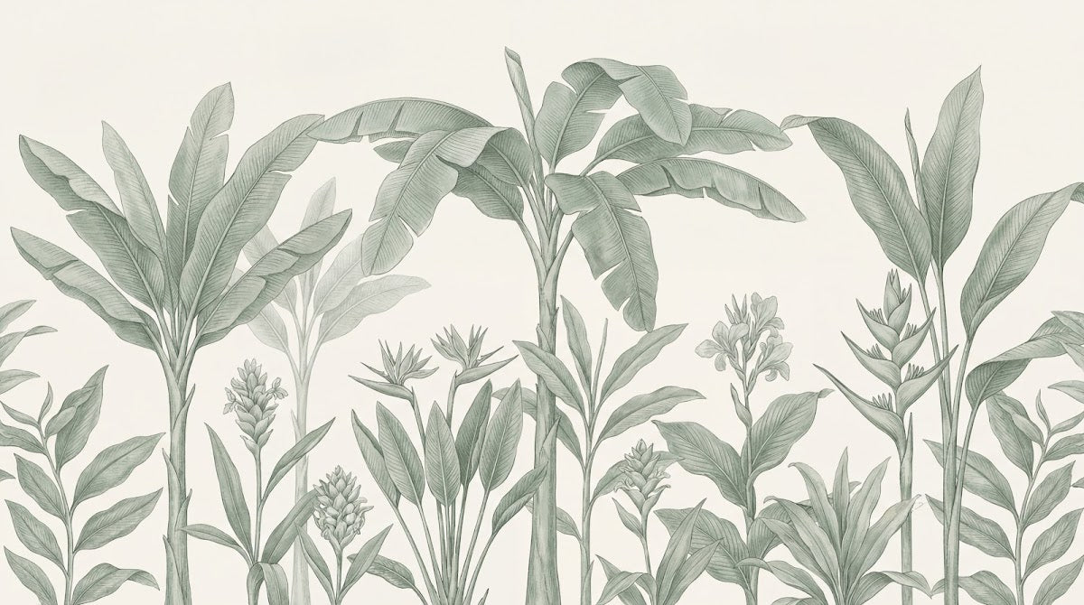 Papier peint panoramique feuille bananier - Fronds tropicales dessinées tons vert sauge sur fond beige crème sur mesure - Design