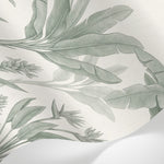 Papier peint panoramique feuille bananier - Fronds tropicales dessinées tons vert sauge sur fond beige crème sur mesure - Matière