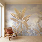 papier peint feuille de palmier dore vegetation tropicale bananier superpose fon-3