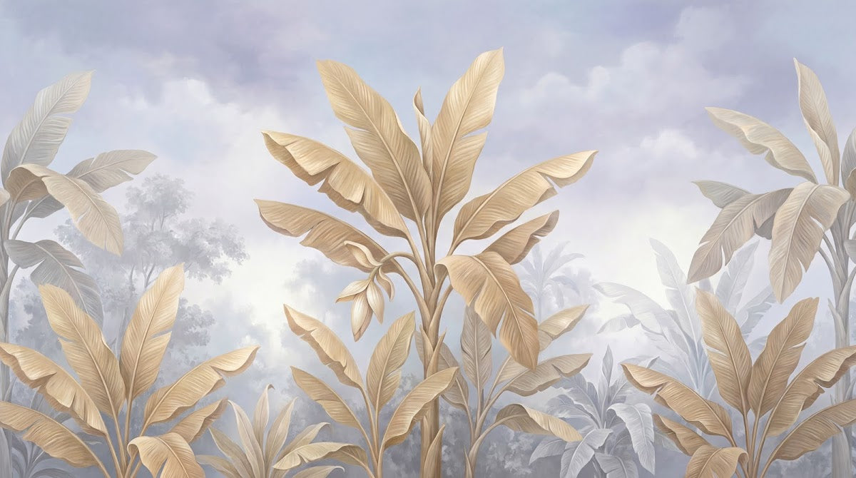 Papier peint panoramique feuille de palmier doré - Végétation tropicale bananier superposé fond lilas nuageux sur mesure - Design