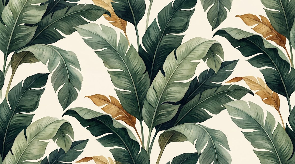 Papier peint panoramique feuille de palmier - Feuillage tropical dense superposé tons vert sauge doré et beige sur mesure - Design