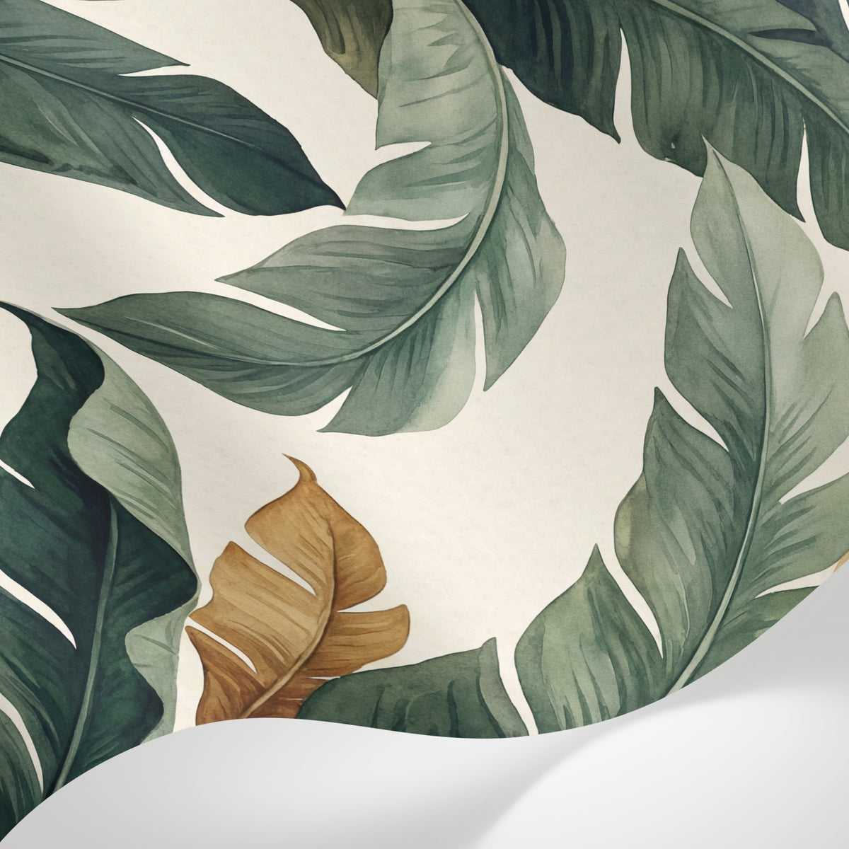 Papier peint panoramique feuille de palmier - Feuillage tropical dense superposé tons vert sauge doré et beige sur mesure - Matière