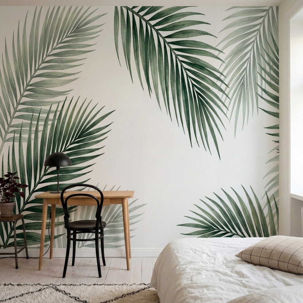 papier peint feuille de palmier fronds tropicales stylisees tons vert sauge et b-2