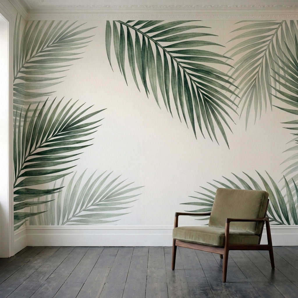 papier peint feuille de palmier fronds tropicales stylisees tons vert sauge et b-4