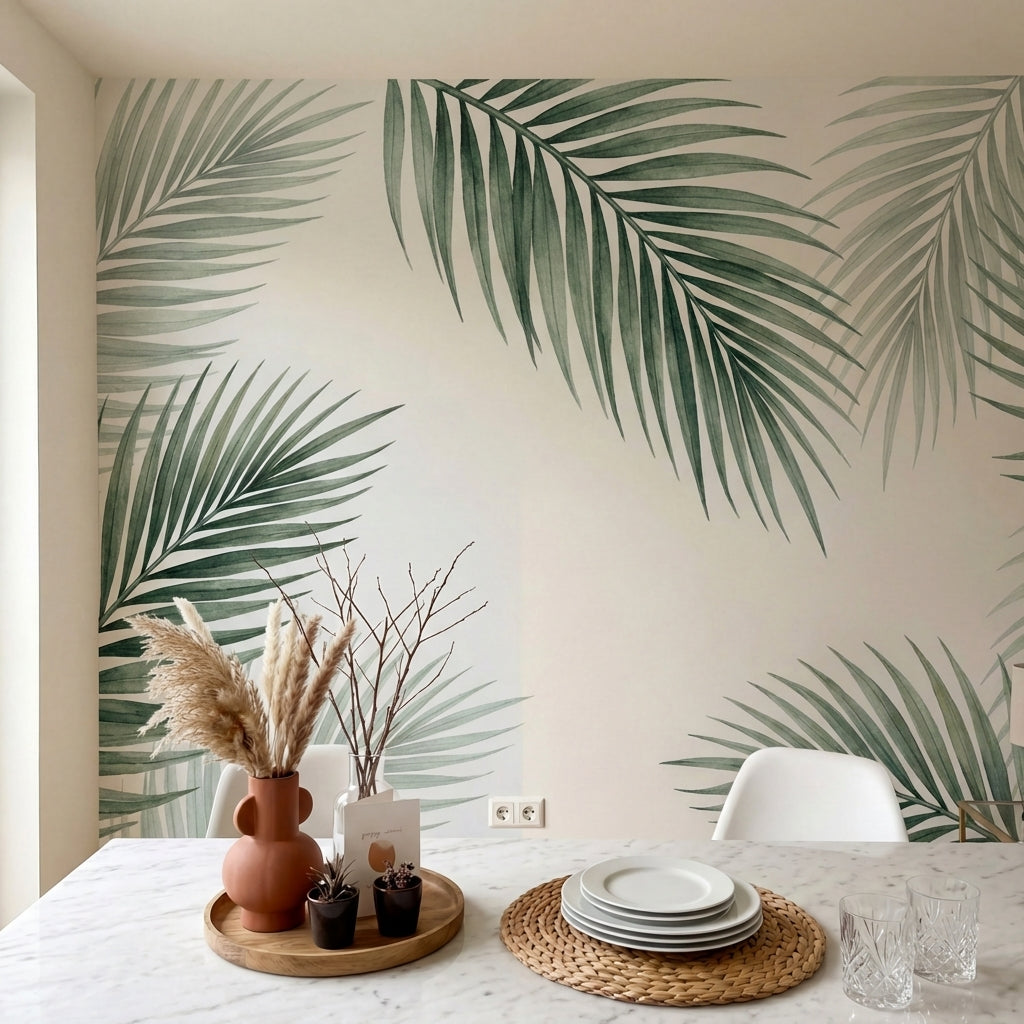 papier peint feuille de palmier fronds tropicales stylisees tons vert sauge et b-9
