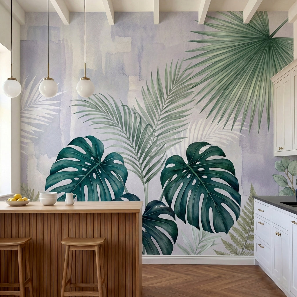 papier peint feuille tropicale palmiers bananiers monstera aquarelle fond blanc -1