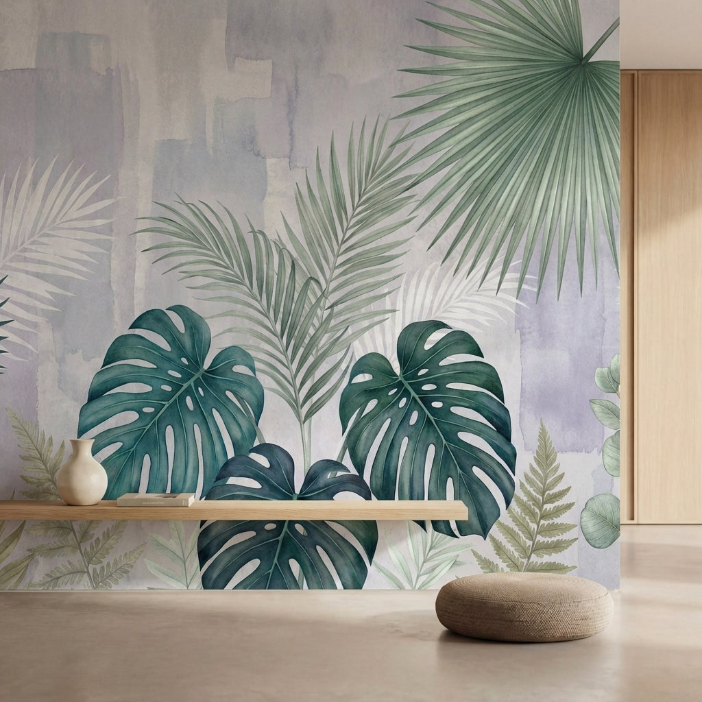papier peint feuille tropicale palmiers bananiers monstera aquarelle fond blanc -2