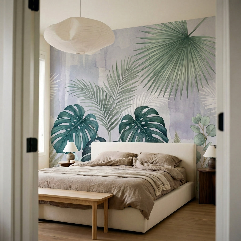 papier peint feuille tropicale palmiers bananiers monstera aquarelle fond blanc -8