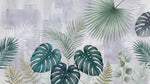 Papier peint panoramique feuille tropicale - Palmiers bananiers monstera aquarelle fond blanc crème et violet pastel sur mesure - Design