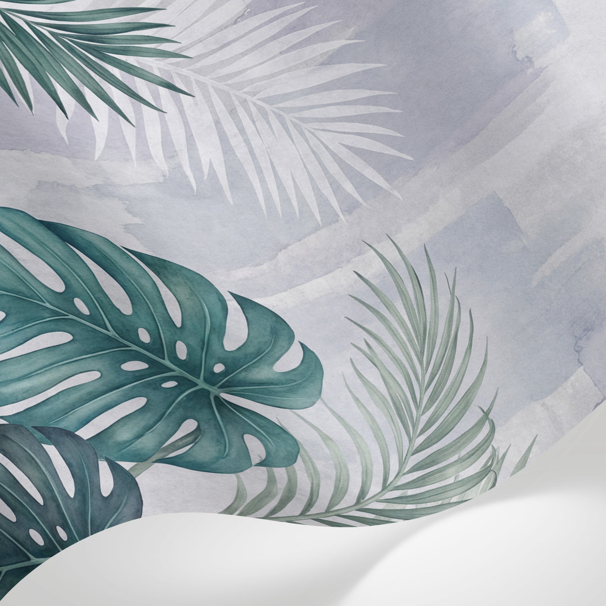 Papier peint panoramique feuille tropicale - Palmiers bananiers monstera aquarelle fond blanc crème et violet pastel sur mesure - Matière