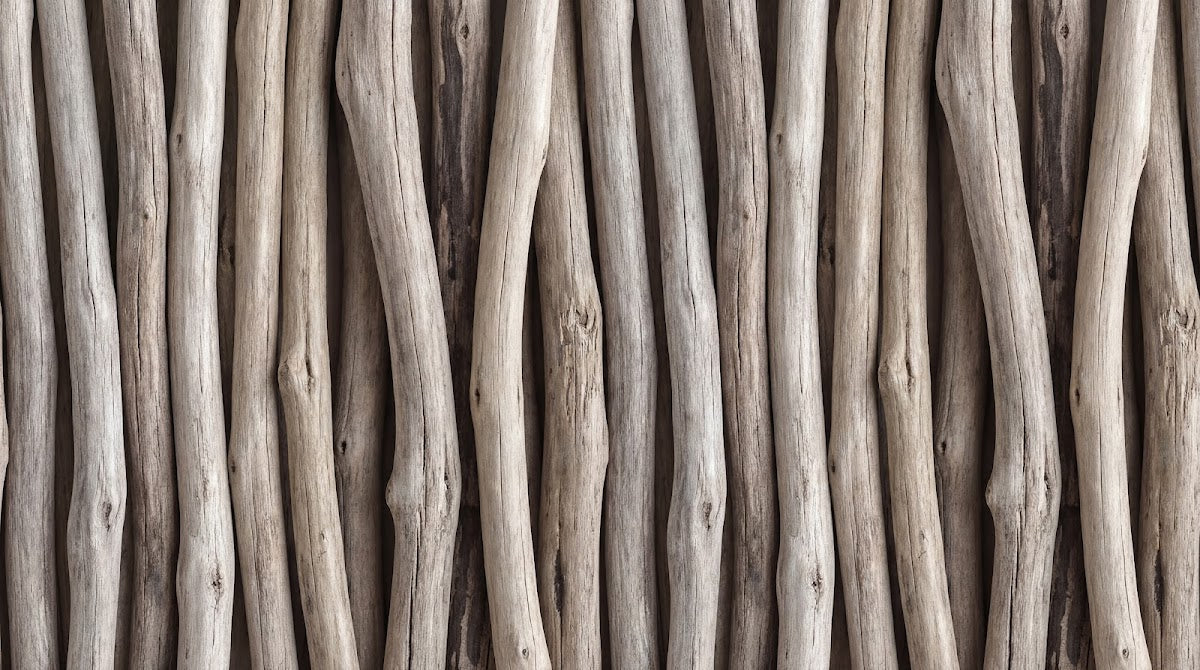 Papier peint panoramique effet bois - Branches bois flotté verticales entrelacées tons beige grisé et brun sur mesure - Design