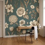 papier peint fleur vintage roses pivoines lys graves botaniques tons beige et ve-7