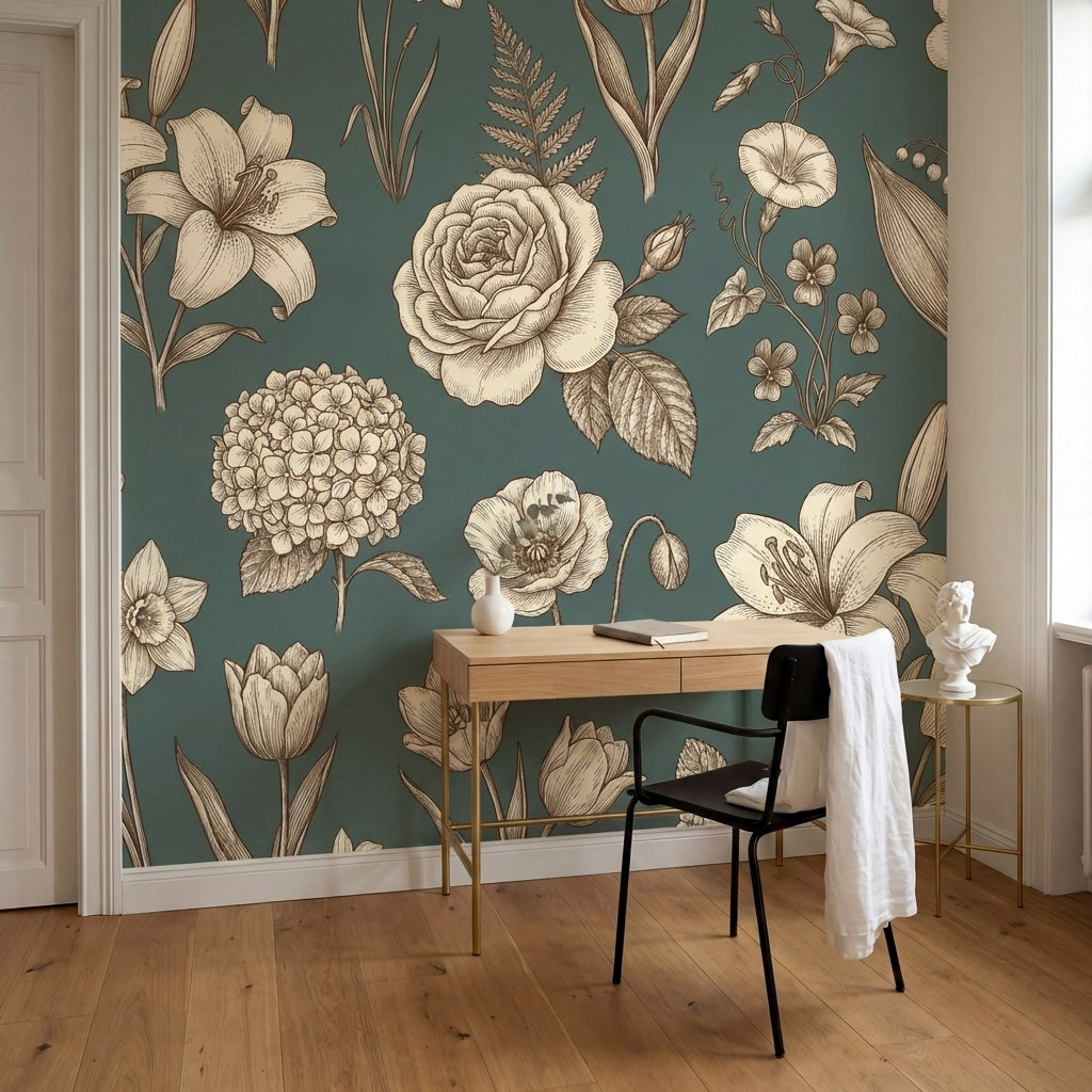 papier peint fleur vintage roses pivoines lys graves botaniques tons beige et ve-7