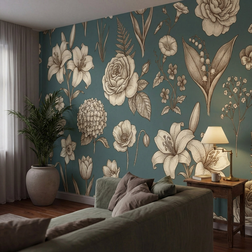 papier peint fleur vintage roses pivoines lys graves botaniques tons beige et ve-VARIANTE-8