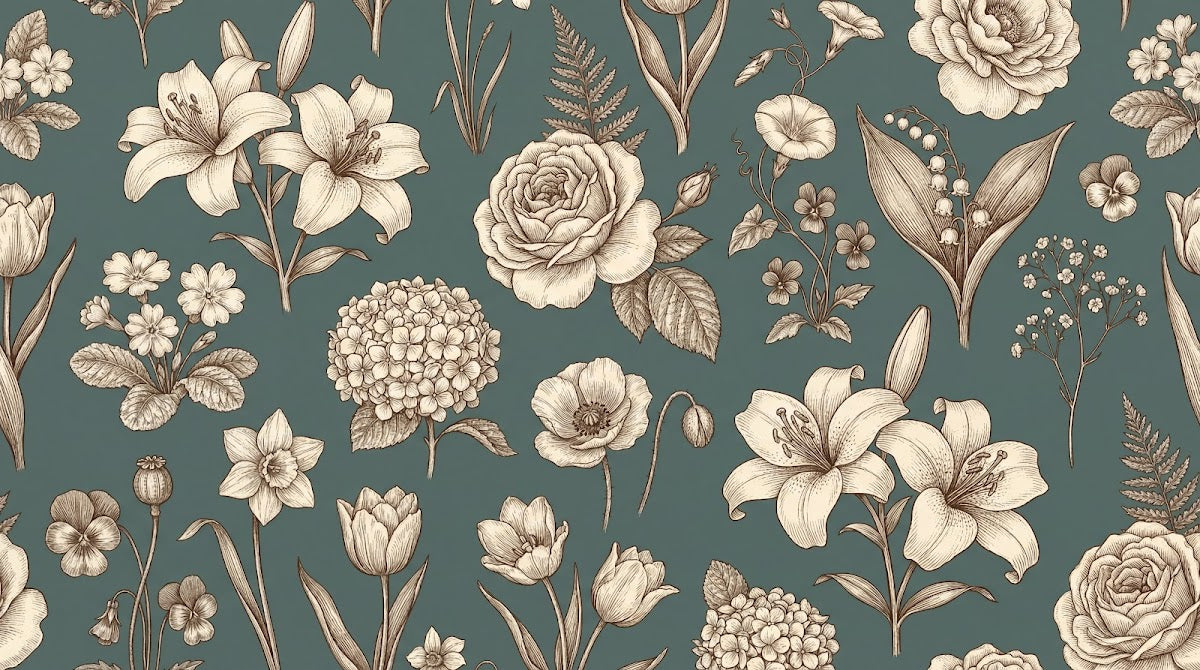 Papier peint panoramique fleur vintage - Roses pivoines lys gravés botaniques tons beige et vert sauge sur mesure - Design