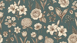 Papier peint panoramique fleur vintage - Roses pivoines lys gravés botaniques tons beige et vert sauge sur mesure - Design