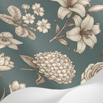 Papier peint panoramique fleur vintage - Roses pivoines lys gravés botaniques tons beige et vert sauge sur mesure - Matière