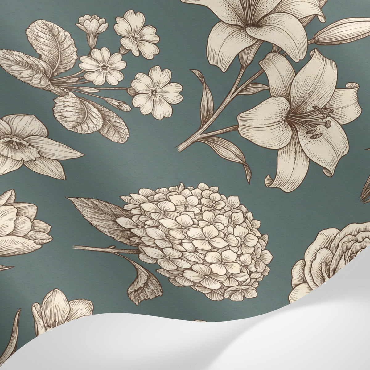 Papier peint panoramique fleur vintage - Roses pivoines lys gravés botaniques tons beige et vert sauge sur mesure - Matière
