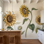 papier peint fleur vintage tournesols botaniques tiges courbees feuilles dentele-1