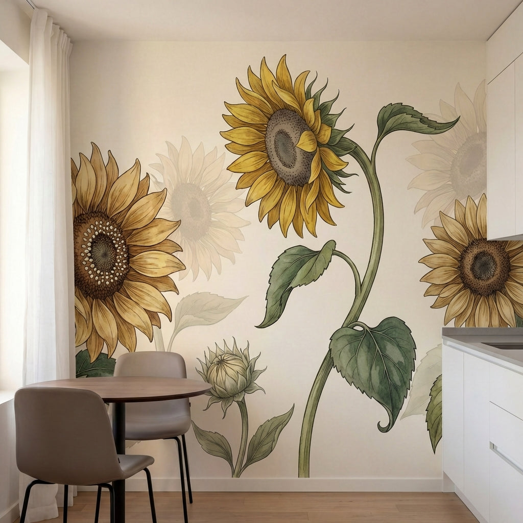 papier peint fleur vintage tournesols botaniques tiges courbees feuilles dentele-2