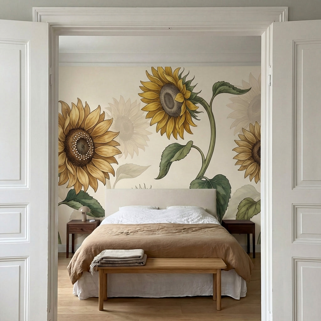 papier peint fleur vintage tournesols botaniques tiges courbees feuilles dentele-VARIANTE-10