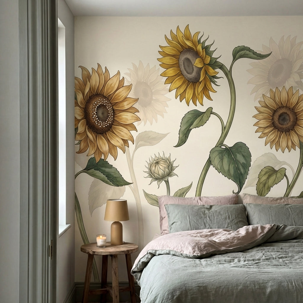 papier peint fleur vintage tournesols botaniques tiges courbees feuilles dentele-VARIANTE-6