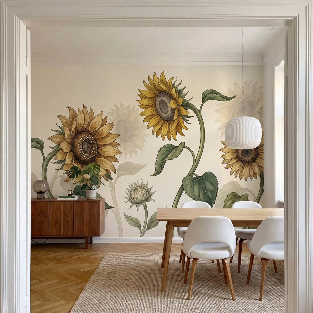 papier peint fleur vintage tournesols botaniques tiges courbees feuilles dentele-VARIANTE-8