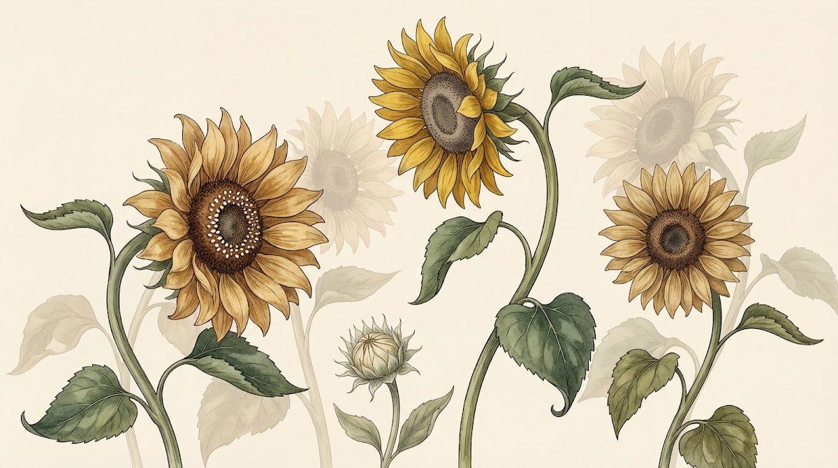 Papier peint panoramique fleur vintage - Tournesols botaniques tiges courbées feuilles dentelées fond beige crème sur mesure - Design