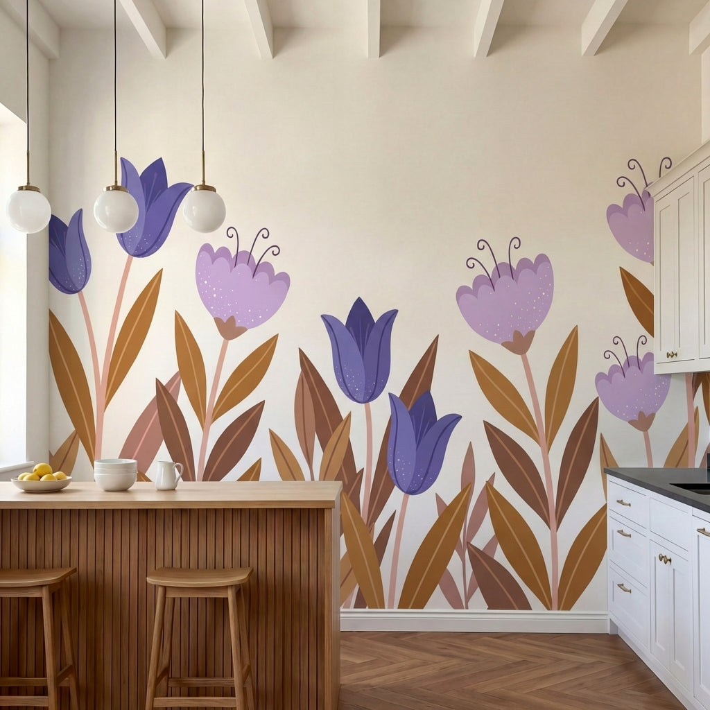 papier peint fleuri vintage tulipes violettes feuillage automnal fond beige crem-3
