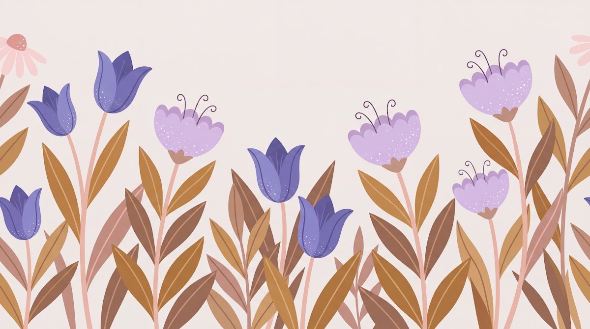 Papier peint panoramique fleuri vintage - Tulipes violettes feuillage automnal fond beige crème et brun doré sur mesure - Design