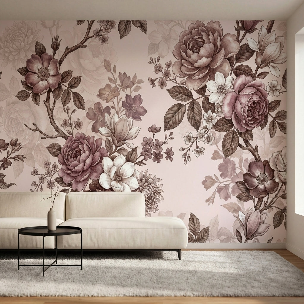 papier peint fleurie vintage pivoines roses magnolias branches fleuries tons ros-1